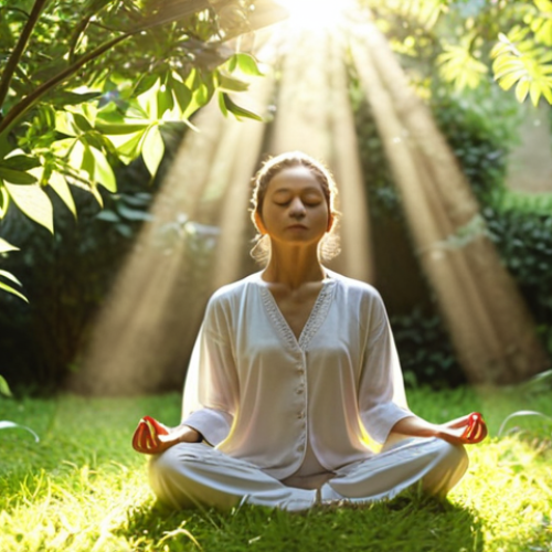 Home 25 **
Prompt: A person meditating peacefully in a garden, sunlight filtering through the leaves. Focus on serenity and mental well-being. Soft, calming colors.
**