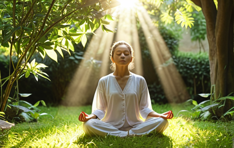 **
Prompt: A person meditating peacefully in a garden, sunlight filtering through the leaves. Focus on serenity and mental well-being. Soft, calming colors.
**
