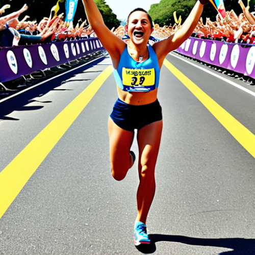 Home 24 **A person happily reaching the finish line of a marathon, visualizing success with a clear mental image of the cheering crowd and the finish line tape, symbolizing the power of visualization.**