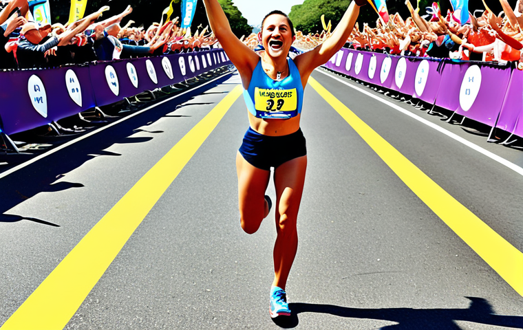 **A person happily reaching the finish line of a marathon, visualizing success with a clear mental image of the cheering crowd and the finish line tape, symbolizing the power of visualization.**