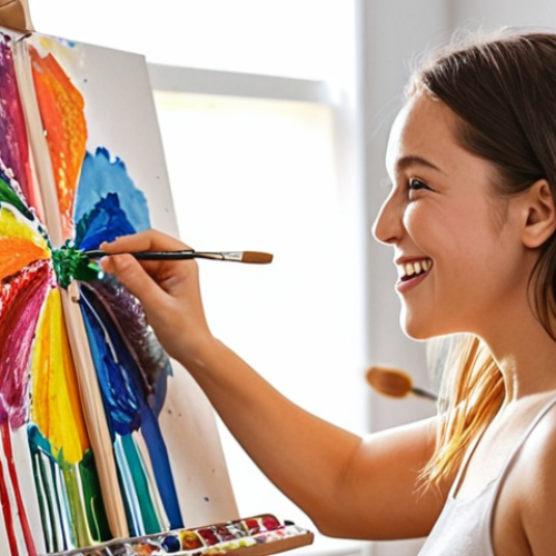 Home 23 Intrinsic Motivation**
A person happily painting a colourful artwork in their home studio, surrounded by art supplies and natural light. The focus is on the joy and passion in their eyes, not on any potential sales or recognition.
**