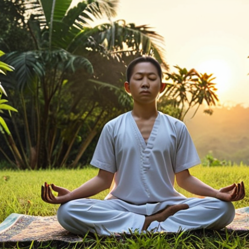Home 22 ** A person meditating outdoors at sunrise, symbolizing mental and physical well-being before starting a productive day of work. The scene should evoke a sense of calm and balance. Include subtle Malaysian cultural elements in the background if possible (e.g., local flora).
**