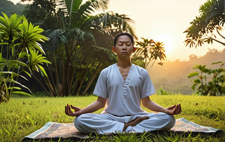 ** A person meditating outdoors at sunrise, symbolizing mental and physical well-being before starting a productive day of work. The scene should evoke a sense of calm and balance. Include subtle Malaysian cultural elements in the background if possible (e.g., local flora).
**