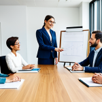 A diverse team of professional individuals, fully clothed in modest business attire, gathered around a large collaboration table in a brightly lit modern office space. One team member is speaking, while an empathetic leader is actively listening, maintaining eye contact and a receptive posture. Other team members are engaged in a positive discussion, reflecting a collaborative and inclusive work culture. The scene emphasizes teamwork, mutual respect, and effective communication. safe for work, appropriate content, perfect anatomy, correct proportions, natural pose, well-formed hands, proper finger count, natural body proportions, professional photography, high quality, family-friendly.